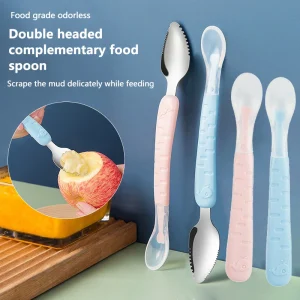 Baby Fruit Double-headed Scraping Spoon 304 Stainless Steel Silicone Soft Spoon  Scraper Supplementary Food Feeder