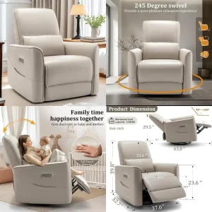 Adult Power Rocker Swivel Recliner Chair with USB and Type-C Ports for Nursery, Electric Recline with Stream Feature