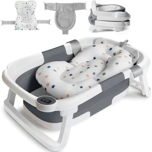 Eco-friendly Baby Bath with Temperature Indicator,Foldable Baby Bathtub for Newborn Baby Bath Tub,Infant Bath Tub with bath mat