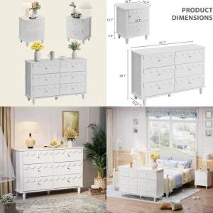 "Bedroom Furniture Set: Scalloped 6-Drawer Dresser and Pair of Nightstands with Two Drawers"