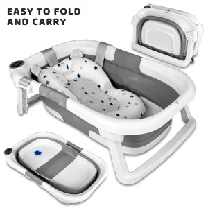 Foldable Baby Bathtub,  With Soft Cushion And Thermometer, Portable
