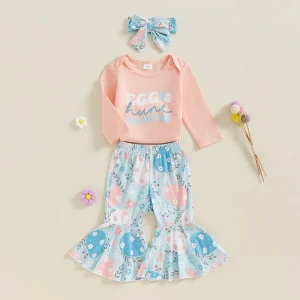 Adorable Baby Girl Easter Outfit with Bunny Print Long Sleeve Romper  Floral Print Flare Pants and Matching head band